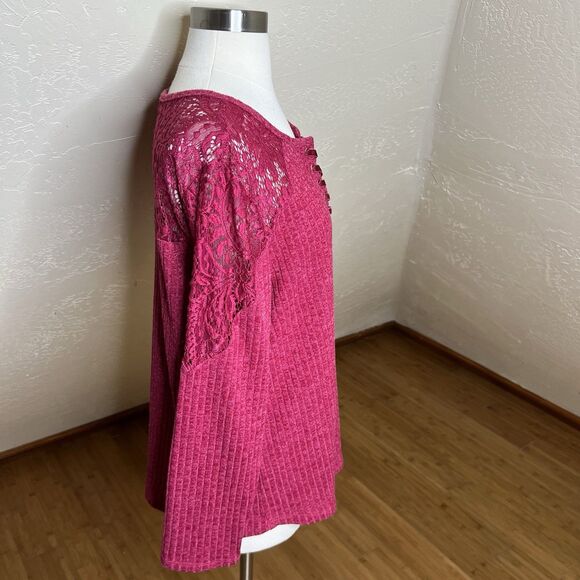 Democracy Sweater Top Womens 1X Pink Ribbed Lace Up Long Sleeve Lace Shoulders - Picture 6 of 8
